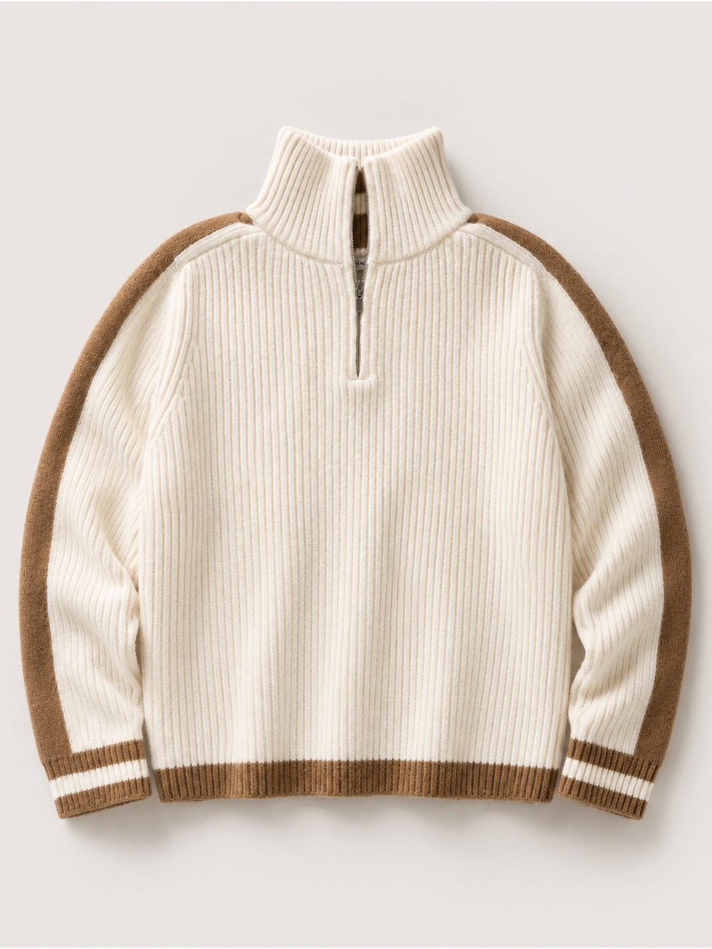 Mango Men's Half-Zip Ribbed Sweater in Cream with Brown Stripes